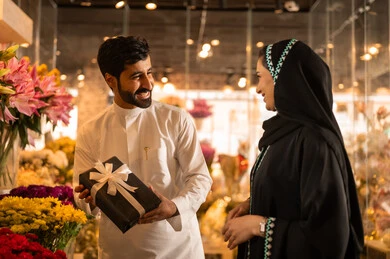 The concept of affection and intimacy, a happy Saudi Arabian Gulf couple celebrating Valentine's Day, the husband presents his wife with a gift box, the wife expresses surprise and joy through facial and hand gestures, Valentine's Day, happy holidays and occasions, celebrating Christmas, background of a flower shop.