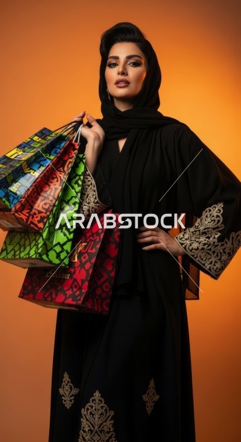 جولة تسوق ناجحة مع مجموعة من الحقائب الملونة الزاهية, عروض وتخفيضات موسمية في الأسواق السعودية، سيدة عربية سعودية خليجية  ترتدي عباءة سوداء مطرزة وحجابًا واثقة  ، اقتناء بعض المستلزمات والهدايا، خلفية برتقالية دافئة.