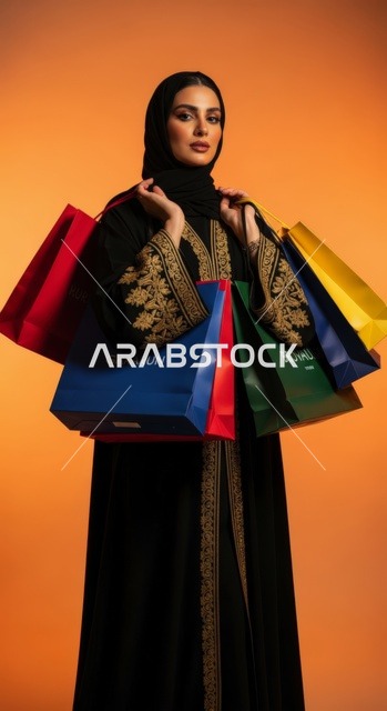 A successful shopping trip with a collection of bright colored bags, seasonal offers and discounts in Saudi markets, an Arab Saudi Gulf woman wearing an embroidered black abaya and a confident hijab, acquiring some essentials and gifts, with a warm orange background.