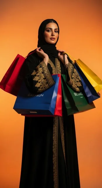 جولة تسوق ناجحة مع مجموعة من الحقائب الملونة الزاهية, عروض وتخفيضات موسمية في الأسواق السعودية، سيدة عربية سعودية خليجية  ترتدي عباءة سوداء مطرزة وحجابًا واثقة  ، اقتناء بعض المستلزمات والهدايا، خلفية برتقالية دافئة.
