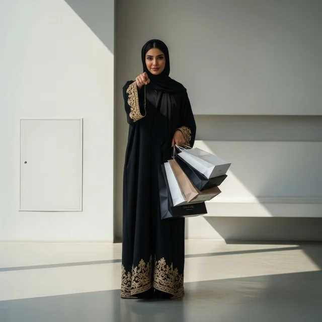 متعة التجول في أسواق ومولات المملكة, عروض وتخفيضات موسمية في الأسواق السعودية، الأناقة العصرية والاستهلاك، سيدة عربية سعودية خليجية محجبة واثقة ترتدي عباءة أنيقة وتشير إلى الأمام بينما تحمل العديد من أكياس التسوق، اقتناء بعض المستلزمات والهدايا، خلفية رمادي