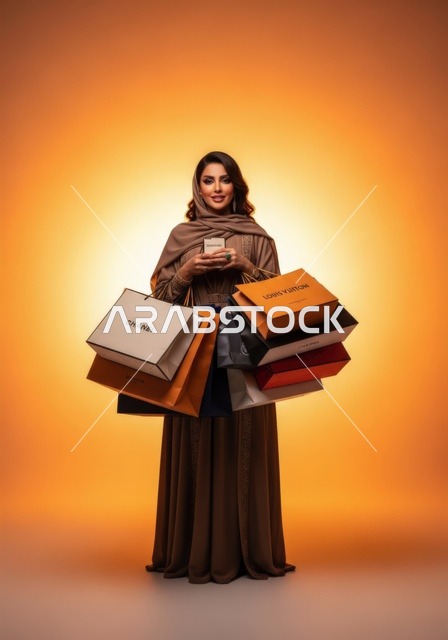 اقتناء بعض المستلزمات والهدايا، عروض وتخفيضات موسمية في الأسواق السعودية، سيدة عربية سعودية خليجية  ترتدي عباءة  وحجابًا واثقة  امرأة أنيقة تعرض مشترياتها الفاخرة بفرح بها بعد رحلة تسوق ناجحة، تجسد الأناقة العصرية والحشمة، خلفية برتقاليه مشرقة.