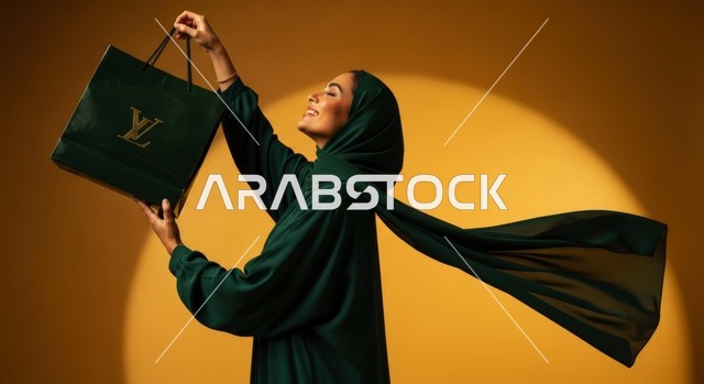 اقتناء بعض المستلزمات والهدايا، عروض وتخفيضات موسمية في الأسواق السعودية، سيدة عربية سعودية خليجية امرأة  سعيدة ترتدي عباية خضراء وحجابًا متدفقًا تحتفل بتجربة تسوقها بعد رحلة تسوق ناجحة، تجسد الأناقة العصرية والحشمة، خلفية برتقاليه مشرقة.