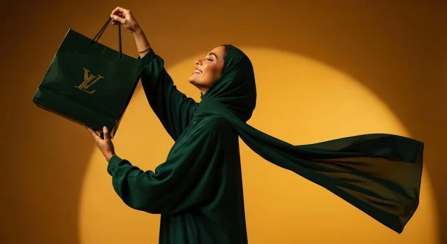 Acquiring some essentials and gifts, seasonal offers and discounts in Saudi markets, a happy Arab Saudi Gulf woman wearing a green abaya and a flowing hijab celebrating her shopping experience after a successful shopping trip, embodying modern elegance and modesty, with a bright orange background.