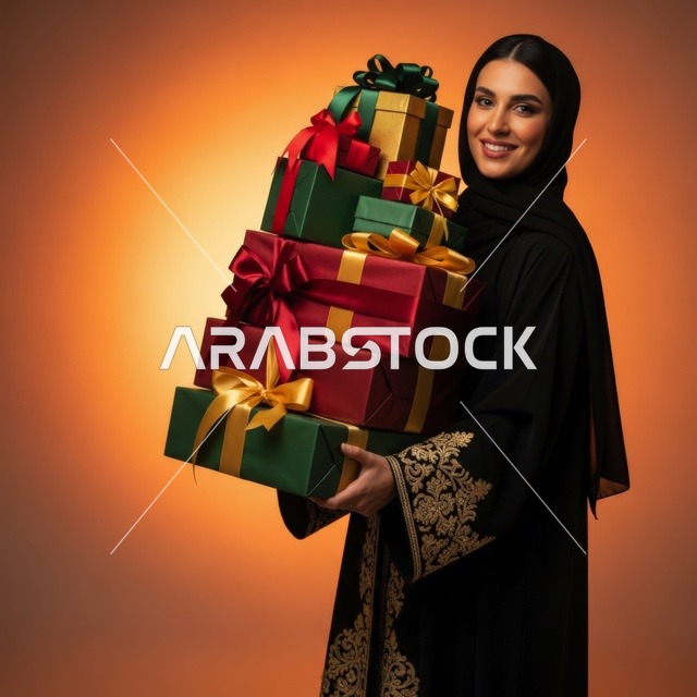 الاحتفال بمناسبة خاصة بابتسامة، عروض وتخفيضات موسمية في الأسواق السعودية، سيدة عربية سعودية خليجية امرأة سعيدة ترتدي عباءة أنيقة تحمل كومة عالية من الهدايا المغلفة بعد رحلة تسوق ناجحة، تجسد الأناقة العصرية والحشمة، خلفية برتقاليه مشرقة.