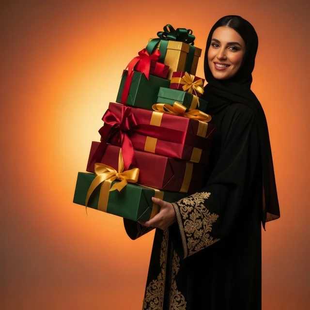 الاحتفال بمناسبة خاصة بابتسامة، عروض وتخفيضات موسمية في الأسواق السعودية، سيدة عربية سعودية خليجية امرأة سعيدة ترتدي عباءة أنيقة تحمل كومة عالية من الهدايا المغلفة بعد رحلة تسوق ناجحة، تجسد الأناقة العصرية والحشمة، خلفية برتقاليه مشرقة.
