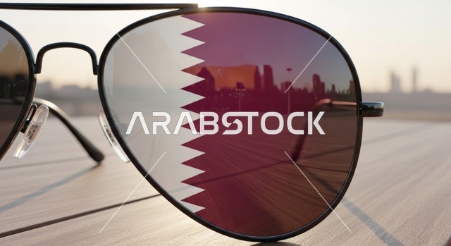 الأعياد والمناسبات الوطنية، إحياء ذكرى تأسيس الدولة، الاحتفال باليوم الوطني القطري 18 ديسمبر،صورة مقربة لنظارة شمسية يعكس فيها علم قطر يرمز للفخر والانتماء الوطني، رموز وثقافات وطنية، حب الوطن والانتماء إليه، مفهوم الحب والانتماء للبلاد