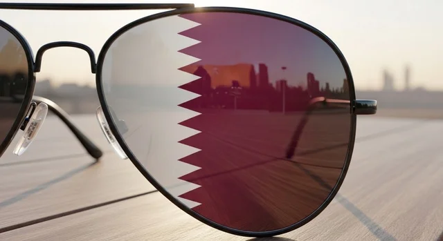 National holidays and occasions, commemorating the founding of the state, celebrating Qatar National Day on December 18, a close-up image of sunglasses reflecting the Qatari flag symbolizing pride and national belonging, national symbols and cultures, love for the homeland and belonging to it, the concept of love and belonging to the country.