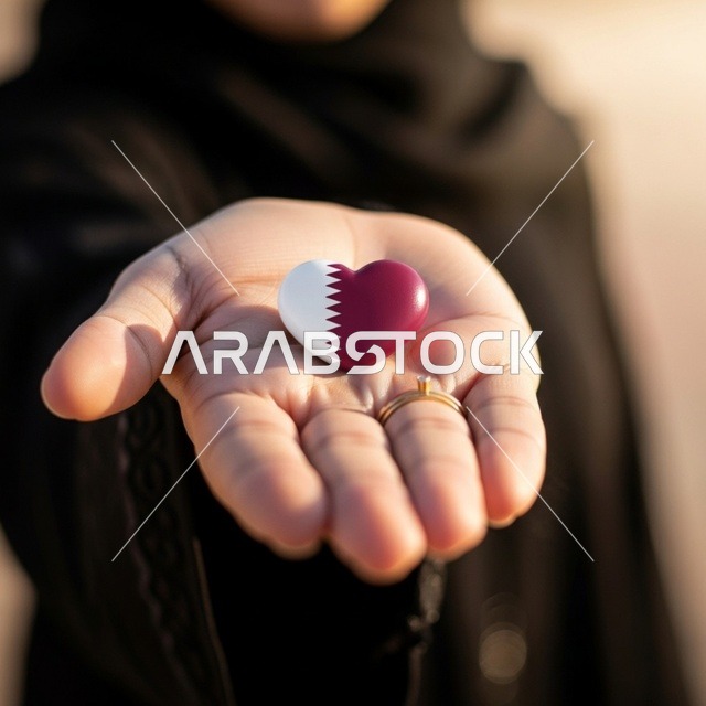 مفهوم الحب والانتماء للبلاد، الأعياد والمناسبات الوطنية، إحياء ذكرى تأسيس الدولة، الاحتفال باليوم الوطني القطري 18 ديسمبر، صورة مقربة لامرأة عربية خليجية قطرية محجبة تحمل علم قطر على شكل قلب في كفها بايماءات الفخر والانتماء، رموز وثقافات وطنية، حب الوطن والانتماء