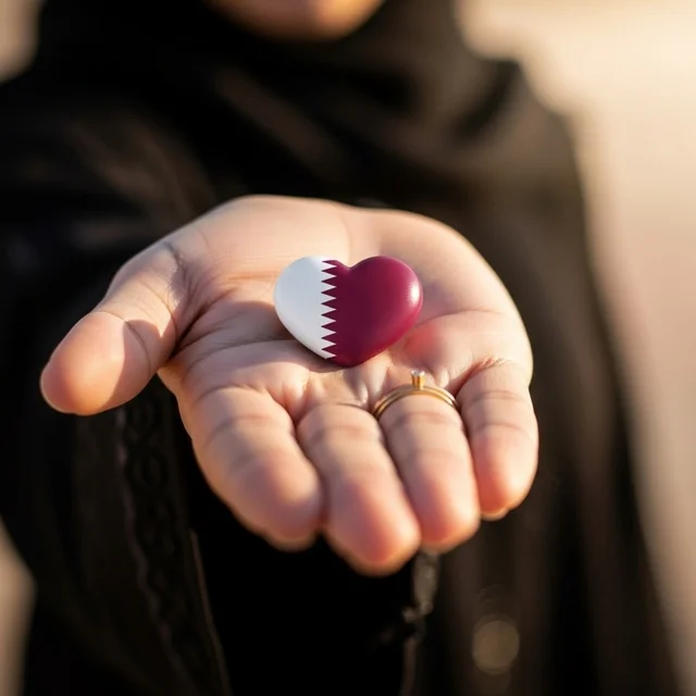 مفهوم الحب والانتماء للبلاد، الأعياد والمناسبات الوطنية، إحياء ذكرى تأسيس الدولة، الاحتفال باليوم الوطني القطري 18 ديسمبر، صورة مقربة لامرأة عربية خليجية قطرية محجبة تحمل علم قطر على شكل قلب في كفها بايماءات الفخر والانتماء، رموز وثقافات وطنية، حب الوطن والانتماء