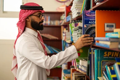 ثقافة التعليم الذات، حب المطالعة والقراءة، تصفح الكتب الهادفة والمعرفية، التعليم في المملكة العربيه السعودية ، ممارسة الهوايات المفضلة ، معلم عربي خليجي سعودي يرتدي الثوب الابيض و الشماغ يقف في المكتبة المدرسية يقوم باختيار كتاب
