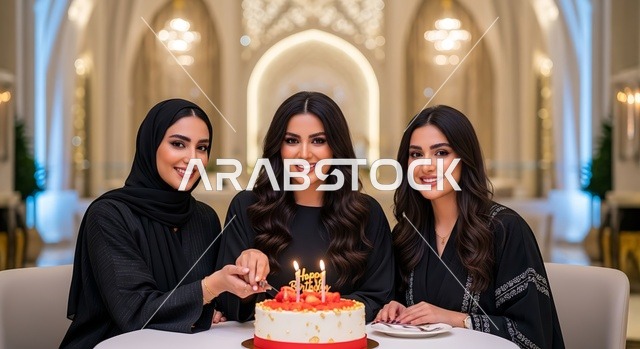 اقامة حفلات اعياد الميلاد في الكافيهات والمطاعم الفاخرة في المملكة، التزيين للاحتفال بالمناسبات السعيدة،  قضاء وقت ممتع مع الأصدقاء، إيماءات السعادة والمفاجأة، امرأة عربية خليجية سعودية محجبة ترتدي العباءة تقوم بالاحتفال بعيد ميلاد صديقتها، مشاركة لحظة سعيدة