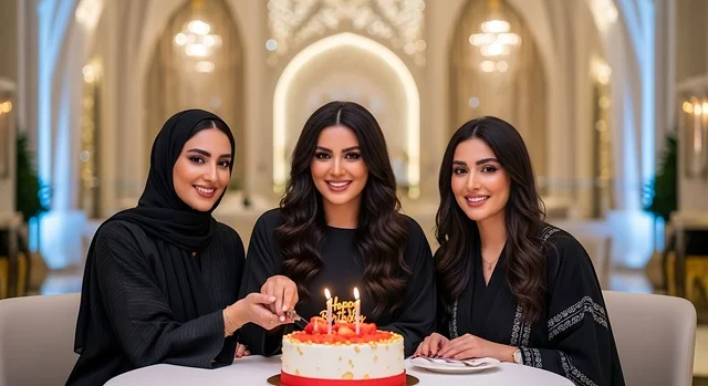 اقامة حفلات اعياد الميلاد في الكافيهات والمطاعم الفاخرة في المملكة، التزيين للاحتفال بالمناسبات السعيدة،  قضاء وقت ممتع مع الأصدقاء، إيماءات السعادة والمفاجأة، امرأة عربية خليجية سعودية محجبة ترتدي العباءة تقوم بالاحتفال بعيد ميلاد صديقتها، مشاركة لحظة سعيدة