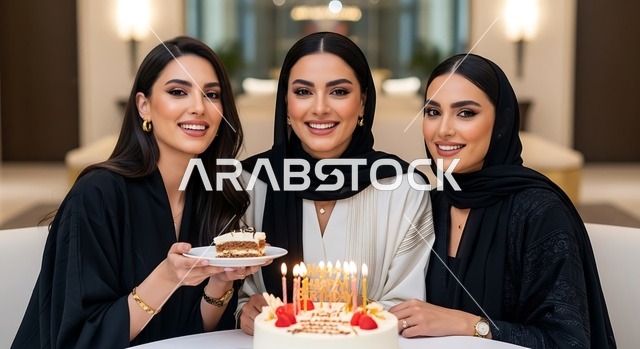 اقامة حفلات اعياد الميلاد في الكافيهات والمطاعم الفاخرة في المملكة، التزيين للاحتفال بالمناسبات السعيدة،  قضاء وقت ممتع مع الأصدقاء، إيماءات السعادة والمفاجأة، امرأة عربية خليجية سعودية محجبة ترتدي العباءة تقوم بالاحتفال بعيد ميلاد صديقتها، مشاركة لحظة سعيدة