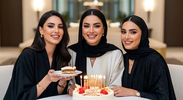 اقامة حفلات اعياد الميلاد في الكافيهات والمطاعم الفاخرة في المملكة، التزيين للاحتفال بالمناسبات السعيدة،  قضاء وقت ممتع مع الأصدقاء، إيماءات السعادة والمفاجأة، امرأة عربية خليجية سعودية محجبة ترتدي العباءة تقوم بالاحتفال بعيد ميلاد صديقتها، مشاركة لحظة سعيدة