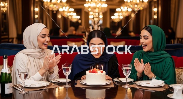 التزيين للاحتفال بالمناسبات السعيدة، اقامة حفلات اعياد الميلاد في الكافيهات والمطاعم الفاخرة في المملكة،  قضاء وقت ممتع مع الأصدقاء، إيماءات السعادة والمفاجأة، امرأة عربية خليجية سعودية محجبة ترتدي العباءة تقوم بالاحتفال بعيد ميلاد صديقتها، مشاركة لحظة سعيدة