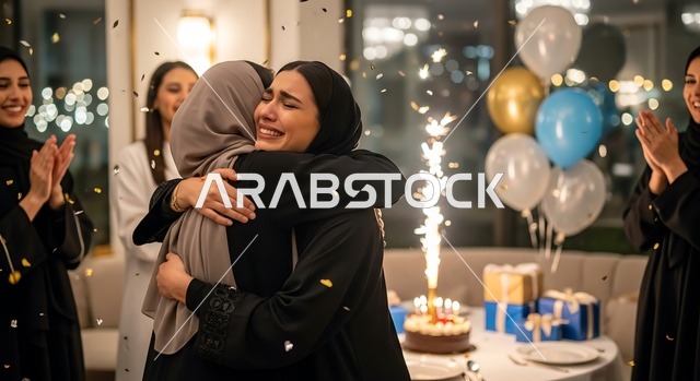 التزيين للاحتفال بالمناسبات السعيدة، اقامة حفلات اعياد الميلاد في الكافيهات والمطاعم الفاخرة في المملكة،  قضاء وقت ممتع مع الأصدقاء، إيماءات السعادة والمفاجأة، امرأة عربية خليجية سعودية محجبة ترتدي العباءة تقوم بالاحتفال بعيد ميلاد صديقتها، مشاركة لحظة سعيدة