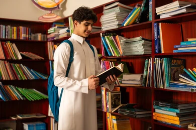 The concept of reading and culture, enjoying reading books, an Arab Saudi Gulf student reading a book from the school library, a developed educational school environment, academic schools in the Kingdom of Saudi Arabia.