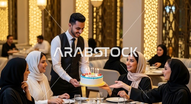 إيماءات السعادة والمفاجأة، التزيين للاحتفال بالمناسبات السعيدة، اقامة حفلات اعياد الميلاد في الكافيهات والمطاعم الفاخرة في المملكة،  قضاء وقت ممتع مع الأصدقاء، مجموعة من السيدات العربية الخليجية السعودية يرتدون العباءة يقوموم بالاحتفال بعيد ميلاد صديقتهم
