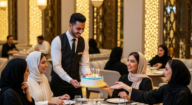 إيماءات السعادة والمفاجأة، التزيين للاحتفال بالمناسبات السعيدة، اقامة حفلات اعياد الميلاد في الكافيهات والمطاعم الفاخرة في المملكة،  قضاء وقت ممتع مع الأصدقاء، مجموعة من السيدات العربية الخليجية السعودية يرتدون العباءة يقوموم بالاحتفال بعيد ميلاد صديقتهم