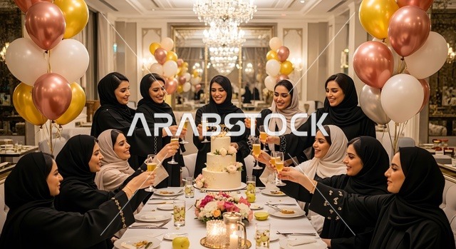 إيماءات السعادة والمفاجأة، التزيين للاحتفال بالمناسبات السعيدة، اقامة حفلات اعياد الميلاد في الكافيهات والمطاعم الفاخرة في المملكة،  قضاء وقت ممتع مع الأصدقاء، مجموعة من السيدات العربية الخليجية السعودية يرتدون العباءة يقوموم بالاحتفال بعيد ميلاد صديقتهم