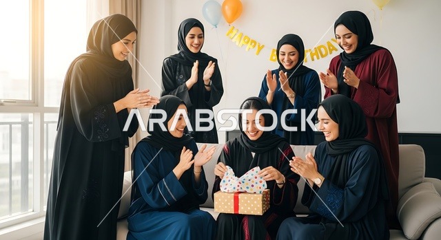 تقديم الهدايا في المناسبات، التزيين للاحتفال بالمناسبات السعيدة، اقامة حفلات اعياد الميلاد في الكافيهات والمطاعم الفاخرة في المملكة،  قضاء وقت ممتع مع الأصدقاء، مجموعة من السيدات العربية الخليجية السعودية يرتدون العباءة يقوموم بالاحتفال بعيد ميلاد صديقتهم