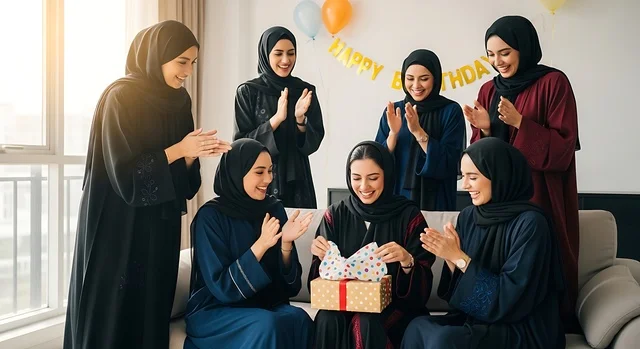 Gift giving on occasions, decorating to celebrate happy events, holding birthday parties in cafes and luxury restaurants in the kingdom, spending enjoyable time with friends, a group of Saudi Gulf Arab women wearing abayas celebrating their friend's birthday.