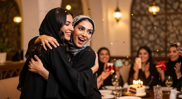 A loving hug during the surprise celebration, decorating for happy occasions, holding birthday parties in cafes and luxury restaurants in the kingdom, spending enjoyable time with friends, a group of Saudi Gulf Arab women wearing abayas celebrating their friend's birthday.