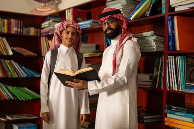 تأدية الواجبات المدرسية، الاستمتاع بقراءة الكتب المدرسية، تبادل الحديث بين الطالب ومعلمه، قضاء وقت ممتع ، تلميذ عربي خليجي سعودي يرتديالثوب و الشماغ يقف امام مكتبة خشبية، التعليم في المملكة العربية السعودية