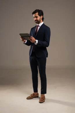 استخدام تقنية حديثة ومتطورة، إدارة شؤون الأعمال وتنظيمها، عقد إجتماع عمل عبر الإنترنت، بورتريه لرجل اعمال عربي خليجي سعودي يرتدي البدلة الرسمية يحمل بيده التابليت المحمول, دمج التكنولوجيا في الحياة العملية، الجسم بالطول الكامل، خلفية بيضاء