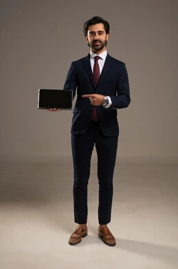 Display of a blank black screen, managing and organizing business affairs, using modern and advanced technology, holding an online business meeting, a portrait of an Arab Gulf Saudi businessman wearing a formal suit holding a tablet in his hand, integrating technology into practical life, full-body, white background.