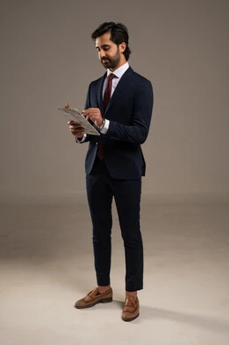 اعداد التقارير الخاصة بالعمل، التدقيق في قراءة الملاحظات، بورتريه لرجل عربي خليجي سعودي يرتدي البدلة الرسمية يحمل بيده اوراق، مراجعة ومتابعة الخطط والمشاريع المكتبية بإيماءات التركيز، الجسم بالطول الكامل، خلفية بيضاء