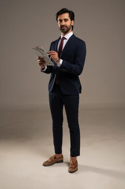اعداد التقارير الخاصة بالعمل، التدقيق في قراءة الملاحظات، بورتريه لرجل عربي خليجي سعودي يرتدي البدلة الرسمية يحمل بيده اوراق، مراجعة ومتابعة الخطط والمشاريع المكتبية بإيماءات التركيز، الجسم بالطول الكامل، خلفية بيضاء