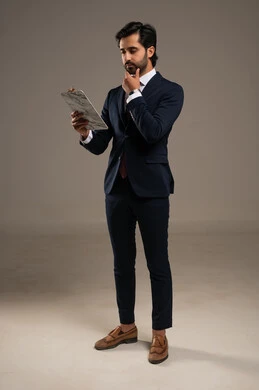 Preparing work-related reports, checking the reading of notes, a portrait of a Saudi Arabian Gulf man in a formal suit holding papers in his hand, reviewing and following up on office plans and projects with focused gestures, full-body, white background.