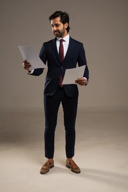 Reviewing notes, preparing work-related reports, a portrait of a Saudi Arabian Gulf man in a formal suit holding a stack of white papers, reviewing and following up on office plans and projects with focused gestures, white background.