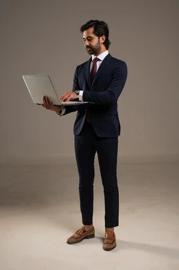 إدارة شؤون الأعمال وتنظيمها، استخدام التقنيات الحديثة المتطورة، عقد إجتماع عمل عبر الإنترنت، بورتريه لرجل اعمال عربي خليجي سعودي يرتدي البدلة الرسمية يقوم بالعمل على الحاسب المحمول, دمج التكنولوجيا في الحياة العملية، الجسم بالطول الكامل، خلفية بيضاء