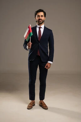 The concept of love for the homeland and belonging to it, participation in national holidays and events, celebrating the anniversary of Oman's National Day, pride and honor in the symbols and the Omani flag, a portrait of a young Arab Gulf Omani man wearing a formal suit holding the flag of the Sultanate of Oman in his hand, full-body, white background.