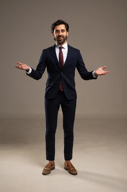 Gestures and expressions of confusion and lack of knowledge, a portrait of a Saudi Arabian Gulf man wearing a formal suit with his hand on his chin, the concept of elegance, masculinity, and attention to appearance, full body length, white background.