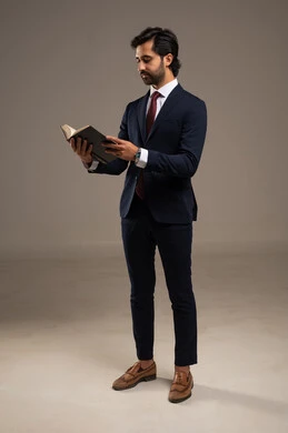 التعلم والتثقيف الذاتي، مفهوم المطالعة والقراءة ، مهارة القراءة وزيادة الوعي، أنشطة شبابية ترفيهية، بورتريه لرجل أعمال عربي خليجي سعودي يرتدي البدلة الرسمية يحمل كتاب يقلب بين صفحاته لاكتساب خبرات جديدة, الجسم بالطول الكامل، خلفية بيضاء