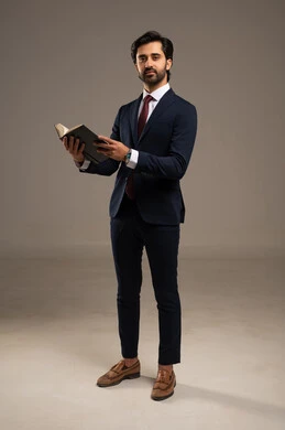 التعلم والتثقيف الذاتي، مفهوم المطالعة والقراءة ، مهارة القراءة وزيادة الوعي، أنشطة شبابية ترفيهية، بورتريه لرجل أعمال عربي خليجي سعودي يرتدي البدلة الرسمية يحمل كتاب يقلب بين صفحاته لاكتساب خبرات جديدة, الجسم بالطول الكامل، خلفية بيضاء