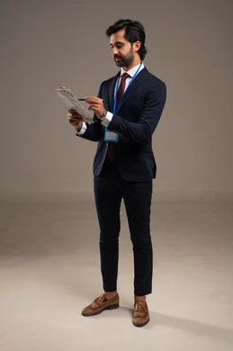 Reading and reviewing reports, elegance, masculinity, and attention to appearance, standing with gestures of seriousness and self-confidence, a portrait of an Arab Gulf Saudi businessman wearing formal attire with a blue ID badge, full-body, white background.