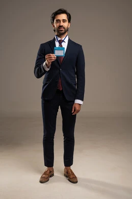 الأناقة والرجولة والاهتمام بالمظهر الخارجي, الوقوف بإيماءات الجدية والثقة بالنفس, بورتريه لرجل أعمال عربي خليجي سعودي يرتدي الزي الرسمي يضع هوية شخصية بشريط أزرق, الجسم بالطول الكامل, خلفية بيضاء الأناقة والرجولة والاهتمام بالمظهر الخارجي, الوقوف بإيماءات الجدية والثقة بالنفس, بورتريه لرجل أعمال عربي خليجي سعودي يرتدي الزي الرسمي يضع هوية شخصية بشريط أزرق, الجسم بالطول الكامل, خلفية بيضاء