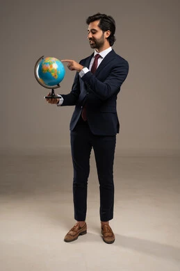Pointing to a specific location on the map and looking at one of the continents, the concept of research and exploration around the world, a portrait of a smiling Arab Gulf Saudi man wearing a formal suit holding a globe in his hand, full-body image, white background.