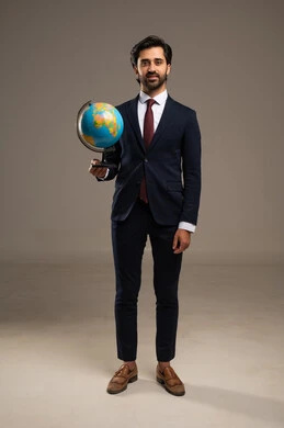 The concept of research and exploration around the world, a portrait of a smiling Arab Gulf Saudi man wearing a formal suit holding a globe model in his hand, full-body image, white background.
