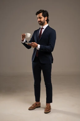 استراحة القهوة، لحظة استرخاء أو نجاح مهني مع المشروب المفضل، الاهتمام بالمظهر الخارجي والثقة بالنفس، بورتريه لرجل أعمال عربي خليجي سعودي يرتدي البدلة الرسمية يقف يحمل بيده فنجان من القهوة ,  خلفية بيضاء
