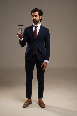 The concept of business management and organizing the schedule, realizing the value of precious moments, monitoring the sand timer, a portrait of an Arab Gulf Saudi man wearing a formal suit holding a glass hourglass (the bankam) in his hand, full-body, white background.