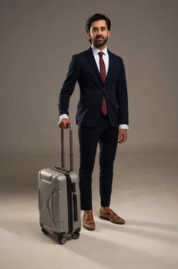 نمط الحياة المتنقل والحديث ، رحلة عمل مهمة والكفاءة المهنية، الاهتمام بالمظهر الخارجي والثقة بالنفس، بورتريه لرجل أعمال عربي خليجي سعودي يرتدي البدلة الرسمية يقف بجانبه حقيبة سفر,  خلفية بيضاء