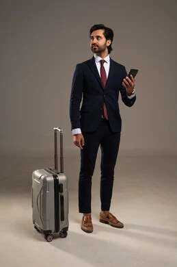 في المطار أو محطة القطارالاستعداد لرحلة، استخدام التكنولوجيا في التواصل قبل السفر، الاهتمام بالمظهر الخارجي والثقة بالنفس، بورتريه لرجل أعمال عربي خليجي سعودي يرتدي البدلة الرسمية يقف ويحمل هاتف محمول وبجانبه حقيبة سفر,  خلفية بيضاء