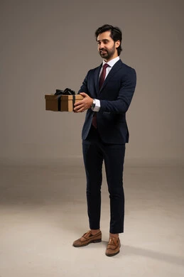 الشكر أو التقدير والاحترام لشخص آخر، الاهتمام بالمظهر الخارجي والثقة بالنفس، بورتريه لرجل أعمال عربي خليجي سعودي يرتدي البدلة الرسمية يقف  ويحمل صندوق هدية, الهدية جزء من مناسبة عمل مثل تكريم موظف أو عميل مهم،  خلفية بيضاء