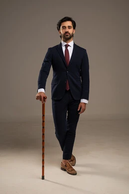 The cane as a stylish accessory, attention to appearance and self-confidence, a portrait of a Saudi Gulf Arab businessman wearing a formal suit standing and holding a decorative cane which adds to breaking the traditional style, white background.